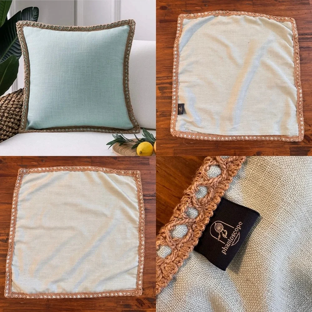 PHANTOSCOPE Farmhouse Decorative Throw Pillow Cover Burlap Linen Light Tan Blue